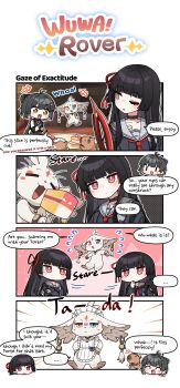 +++ 2girls abby_(wuthering_waves) absurdres antenna_hair black_choker black_gloves black_hair black_jacket black_shirt cake cake_slice chisa_(wuthering_waves) choker closed_mouth collarbone commentary crossed_arms english_commentary english_text female_rover_(wuthering_waves) food gloves hair_ornament hair_ribbon hairclip highres jacket junsuina_fujunbutsu laughing long_hair mole mole_under_eye multiple_girls namipon_(wuthering_waves) neckerchief no_mouth official_art one_eye_closed open_mouth own_hands_together parallel_hairclips red_neckerchief red_ribbon ribbon rover_(wuthering_waves) second-party_source shirt smile sword tacet_mark_(wuthering_waves) thinking unamused weapon wuthering_waves yellow_eyes