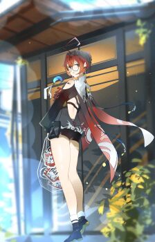 1girl absurdres ahoge back back_cutout bag bare_legs bespectacled bike_shorts black_shoes black_shorts blood blood_bag blue_eyes cape clothing_cutout collar commentary crescent_pendant danjin_(wuthering_waves) dress earrings english_commentary from_behind full_body glasses highres holding holding_bag huge_ahoge jewelry legs long_sleeves looking_at_viewer looking_back median_furrow outdoors parted_lips pouch red_cape red_hair round_eyewear shoes short_dress short_hair shorts shoulder_cutout socks solo spindrift standing tacet_mark_(wuthering_waves) white_collar white_socks wuthering_waves