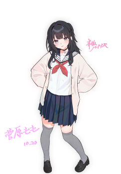 1girl black_eyes black_hair black_shoes blue_sailor_collar blue_skirt cardigan character_name commentary dated gohannanaki grey_thighhighs half_updo hands_on_own_hips highres loafers long_hair necktie open_cardigan open_clothes open_mouth photo-referenced pleated_skirt real_life red_necktie sailor_collar school_uniform serafuku shirt shoes simple_background skirt solo sugawara_momo thighhighs white_background white_cardigan white_shirt zettai_ryouiki