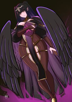 1girl alternate_costume black_bridal_gauntlets black_cape black_hair black_wings blunt_bangs blush bodystocking book breasts bridal_gauntlets cape circlet closed_mouth clothing_cutout commentary english_commentary fire_emblem fire_emblem_awakening fire_emblem_shadows from_below highres holding holding_book ihsnet large_breasts long_hair nintendo pointy_ears skindentation solo tharja_(fire_emblem) thick_thighs thighs tiara two_side_up wide_hips wings