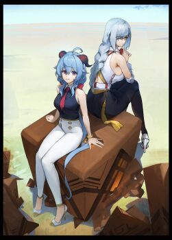 2girls absurdres ahoge black_pantyhose black_shirt black_skirt blue_hair bracelet braid breasts closed_mouth collared_shirt detached_sleeves dokshuri ganyu_(genshin_impact) genshin_impact goat_horns grey_eyes hair_over_one_eye high_heels highres horns jewelry light_blue_hair long_hair long_sleeves looking_at_viewer medium_breasts multiple_girls necktie pants pantyhose parted_lips pencil_skirt purple_eyes red_necktie shenhe_(genshin_impact) shirt single_braid sitting skirt sleeveless sleeveless_shirt smile white_footwear white_pants white_shirt