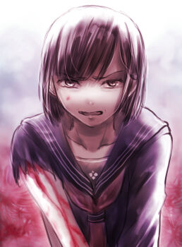 1girl black_hair blood blood_on_arm blood_on_face blue_sailor_collar blue_shirt clenched_teeth collarbone commentary flower gradient_background grey_background grey_eyes long_sleeves looking_at_viewer neckerchief parted_lips red_flower red_neckerchief sailor_collar school_uniform serafuku shimizu_hinako shirt short_hair silent_hill_(series) silent_hill_f solo spider_lily teeth torn_sleeve two-tone_background upper_body v-shaped_eyebrows white_background zero_(massa_yosshi)