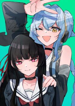 Rule 34 | 2girls, bare shoulders, black choker, black hair, black jacket, black shirt, blue hair, breasts, bright pupils, buling (wuthering waves), chisa (wuthering waves), choker, closed mouth, collarbone, commentary request, hair between eyes, hair ribbon, headphones, jacket, long hair, looking at viewer, mole, mole under eye, multiple girls, neckerchief, one eye closed, red eyes, red neckerchief, red ribbon, ribbon, sailor collar, shirt, side ponytail, smile, uminonimu532, upper body, v, white pupils, white sailor collar, wuthering waves, yellow eyes
