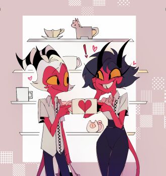 1boy 1girl ama0805 collared_shirt colored_skin couple cup freckles heart hellaverse helluva_boss highres holding holding_cup husband_and_wife looking_at_another millie_(helluva_boss) moxxie_(helluva_boss) pants red_skin shirt tooth_gap white_shirt