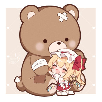 1girl :d ^_^ back_bow blonde_hair blush bow brown_background chibi chibi_only closed_eyes commentary_request earrings fang flandre_scarlet full_body hair_bow hat highres hugging_object jewelry kneeling long_hair miy@ mob_cap one_side_up open_mouth oversized_object pointy_ears puffy_short_sleeves puffy_sleeves red_bow red_skirt red_vest shirt short_sleeves single_earring skirt smile socks solo stuffed_animal stuffed_toy teddy_bear touhou vest white_bow white_hat white_shirt white_socks wings