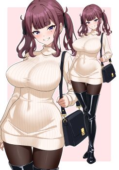 1girl :d absurdres bag black_boots black_ribbon blunt_bangs blush boots border breasts brown_hair brown_pantyhose cevio cowboy_shot dress full_body grin hair_ribbon handbag highres impossible_clothes impossible_dress impossible_sweater large_breasts latex latex_boots long_hair long_sleeves looking_at_viewer maretto mole mole_under_eye natsuki_karin open_mouth outside_border pantyhose parted_lips pink_background purple_eyes ribbed_sweater ribbon shoulder_bag sidelocks simple_background smile solo standing sweater sweater_dress thigh_boots thigh_gap twintails yellow_sweater zoom_layer