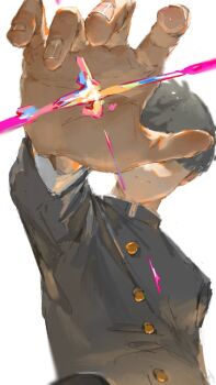 1boy black_hair bowl_cut closed_mouth covered_eyes energy fingernails gakuran gusoyugo hand_focus in_palm kageyama_shigeo long_sleeves mob_psycho_100 school_uniform short_hair simple_background solo white_background