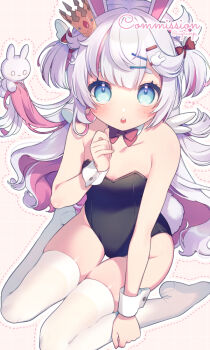 1girl :o animal animal_ears bare_shoulders black_leotard blue_eyes blush breasts brown_background commentary_request commission copyright_request crown dotted_line grey_hair grid_background hair_ornament hairclip hand_up leotard long_hair looking_at_viewer mini_crown multicolored_hair no_shoes parted_lips purple_hair rabbit rabbit_ears rabbit_girl rabbit_hair_ornament rabbit_tail rinndouk skeb_commission small_breasts solo strapless strapless_leotard tail teeth thighhighs tilted_headwear twitter_username two-tone_hair upper_teeth_only very_long_hair virtual_youtuber white_thighhighs wrist_cuffs