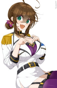 1girl ahoge belt blush bra breast_pocket breasts brown_hair chamumi_(mochiumee) cleavage commentary_request epaulettes fang female_admiral_(kancolle) finger_heart folded_ponytail four-finger_heart_hands garter_belt green_eyes hair_between_eyes heart heart_hands highres kantai_collection large_breasts looking_at_viewer military_uniform mole mole_on_breast mole_on_thigh mole_under_mouth open_mouth pocket sidelocks sitting skin_fang skirt solo_focus thighhighs underwear