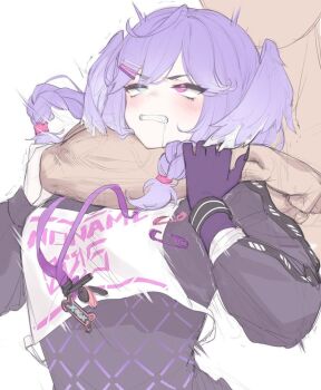 1boy 1girl artist_request asphyxiation asymmetrical_arms black_sweater blue_eyes blush braid breasts choke_hold clenched_teeth faceless faceless_male fangs hair_ornament hairclip hands_on_another's_arm head_wings heterochromia lanyard long_sleeves nijisanji nijisanji_en protected_link purple_eyes purple_hair purple_wings race_bib rolling_eyes safety_pin saliva selen_tatsuki selen_tatsuki_(1st_costume) simple_background strangling sweater teeth twin_braids upper_body virtual_youtuber white_background wings wristband