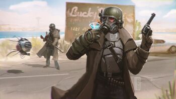 absurdres ammunition_belt anti-materiel_rifle artist_name backpack bag billboard blue_sky car city cloud cloudy_sky cup drinking_glass drinking_straw duster eyebot fallout fallout:_new_vegas gas_mask gloves gun handgun highres mask motor_vehicle ncr_veteran_ranger new_california_republic revolver rifle road sky sniper_rifle soul_ant19 tower trigger_discipline vambraces weapon