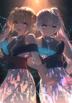 Rule 34 | absurdres, bare shoulders, blonde hair, blue eyes, breasts, cho kaguya-hime!, collarbone, commentary, commentary request, dated, dress, erika (user spth3377), grey hair, hair bun, highres, kaguya (cho kaguya-hime!), long hair, looking at another, looking at viewer, medium breasts, multiple girls, off-shoulder dress, off shoulder, one eye closed, open mouth, pink eyes, ponytail, ribbon, runami yachiyo, signature, single hair bun, sleeveless, smile, very long hair, white dress