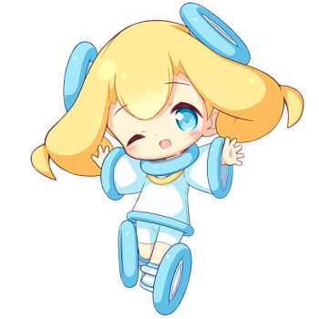 1girl ;d aikei_ake blonde_hair blue_eyes blue_shoes blush chibi commentary_request full_body long_hair long_sleeves one_eye_closed open_mouth original personification shirt shoes shorts simple_background smile solo white_background white_shirt white_shorts wide_sleeves