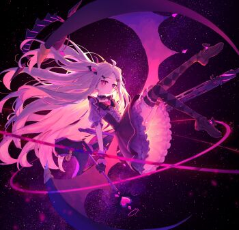 1girl absurdres ahoge black_halo blue_archive blush demon_girl demon_horns demon_wings flat_chest full_body halo highres hina_(blue_archive) horns long_hair low_wings moron_(miroir1120) purple_eyes solo twintails very_long_hair white_hair wings
