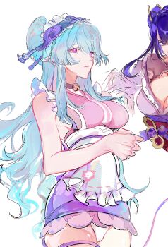 Rule 34 | 2girls, absurdres, apron, bare arms, bare shoulders, bell, blue hair, breasts, choker, cleavage, frilled kimono, frills, genshin impact, hair between eyes, hair ornament, headdress, highres, japanese clothes, kimono, large breasts, long hair, long sleeves, maid, maid headdress, mole, mole under eye, multiple girls, neck bell, off shoulder, panties, parted lips, pointy ears, purple eyes, purple hair, raiden shogun, sideboob, sleeveless, sleeveless kimono, tail, thighs, underwear, upper body, wanyu22719, wavy hair, wide hips, yumemizuki mizuki