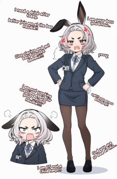 1girl anger_vein animal_ears bags_under_eyes black_jacket black_shoes black_skirt brown_pantyhose commentary english_commentary fwunnybwunny fwunnybwunny_(character) grey_eyes grey_hair hair_intakes hands_on_own_hips highres jacket light_blush office_lady open_mouth original pantyhose pencil_skirt puff_of_air rabbit_ears rabbit_girl rabbit_tail shoes short_hair skirt tail taut_clothes taut_skirt