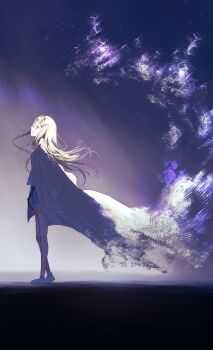 1girl absurdres belt black_belt blonde_hair blue_shorts blue_sky breasts brown_robe camisole commentary_request denim denim_shorts dissolving dnamaguro floating_hair full_body gakuen_idolmaster gradient_sky hair_ornament hairclip highres idolmaster long_hair looking_up open_clothes open_robe orange_eyes outdoors parallel_hairclips robe rope_belt shade shinosawa_hiro shoes shorts sidelighting sky small_breasts solo standing star_(sky) starry_sky white_camisole white_shoes wind