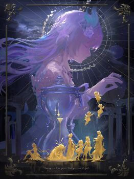 2boys 6+girls absurdres aglaea_(honkai:_star_rail) anaxa_(honkai:_star_rail) castorice_(honkai:_star_rail) cipher_(honkai:_star_rail) commentary cyrene_(honkai:_star_rail) cyrene_(ripples_of_past_reverie)_(honkai:_star_rail) dress english_text flower hair_flower hair_ornament highres honkai:_star_rail honkai_(series) hourglass hyacine_(honkai:_star_rail) long_hair multiple_boys multiple_girls phainon_(honkai:_star_rail) pink_hair pointy_ears qosic sand trianne_(honkai:_star_rail) tribbie_(honkai:_star_rail) trinnon_(honkai:_star_rail) very_long_hair white_dress