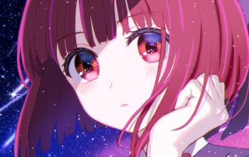 1girl adjusting_hair arima_kana blue_jacket blunt_bangs blunt_ends chromatic_aberration close-up closed_mouth commentary_request eyelashes jacket medium_hair night oshi_no_ko portrait red_eyes red_hair revision sarasa_kouhaku school_uniform shooting_star sky solo star_(sky) starry_sky youtou_high_school_uniform