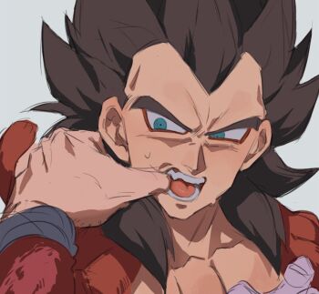 Rule 34 | 2boys, aqua eyes, brown hair, commentary, dragon ball, dragon ball gt, eyeliner, gloves, looking at another, makeup, male focus, medium hair, monkey boy, monkey tail, multiple boys, muscular, muscular male, natume12izr, open mouth, purple gloves, red eyeliner, red fur, ringed eyes, solo focus, son goku, spiked hair, sweatdrop, tail, teeth, vegeta, widow's peak, wristband