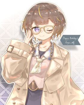 1girl absurdres anya_melfissa anya_melfissa_(indonesian_casual) black_skirt blonde_streaks brown-framed_eyewear brown_hair brown_jacket closed_mouth commentary glasses happy_birthday highres hololive hololive_indonesia jacket looking_at_viewer official_alternate_costume official_alternate_hair_length official_alternate_hairstyle pink_shirt purple_eyes shirt short_hair skirt smile solo u_da_desu virtual_youtuber