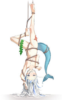 1girl absurdres barefoot bdsm blue_eyes blue_hair blush bondage bound completely_nude convenient_censoring dripping feet female_focus fins fish_skeleton fish_tail flat_chest frown full_body gawr_gura gills grimace highres hololive hololive_english hook jewelry loli long_hair looking_at_viewer multicolored_hair naretsuro navel necklace nude rope seaweed shark_girl shark_tail sharp_teeth simple_background solo spread_toes starfish stomach streaked_hair tail teeth toe_scrunch toes upside-down virtual_youtuber wet white_background white_hair