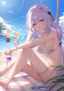 1boy 2girls aglaea_(honkai:_star_rail) alternate_costume arm_on_knee armpit_crease ball bare_shoulders beach beach_towel beachball bikini black_bikini blonde_hair blue_sky blush breasts castorice_(honkai:_star_rail) cleavage commentary_request criss-cross_halter cup day demigod demigoddess drinking_glass halterneck hand_up highres holding holding_ball holding_beachball holding_cup honkai:_star_rail honkai_(series) ien_(to_yen) large_breasts long_hair looking_at_viewer multiple_girls nail_polish navel outdoors parted_lips phainon_(honkai:_star_rail) pointy_ears purple_eyes purple_hair purple_pupils short_hair sitting sky solo_focus stomach string_bikini swimsuit toned toned_male towel very_long_hair white_bikini white_hair