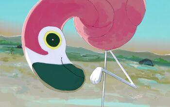 bird feathers flamigo flamingo looking_at_viewer nintendo no_humans outdoors pink_feathers pokemon pokemon_(creature) pokemon_focus sakuraiisui solo