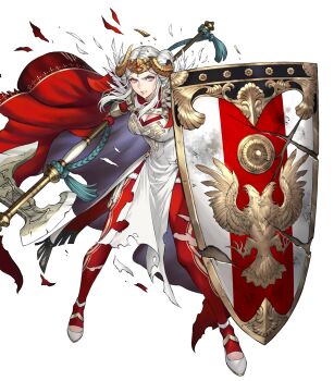 1girl axe battle_axe blue_eyes bodysuit cape clenched_teeth crown damaged dress edelgard_von_hresvelg edelgard_von_hresvelg_(adrestian_emperor) edelgard_von_hresvelg_(adrestian_emperor)_(resplendent) edelgard_von_hresvelg_(timeskip) fake_horns feather_trim fingerless_gloves fire_emblem fire_emblem:_three_houses fire_emblem_heroes gloves hair_rings highres holding holding_axe holding_shield horns insignia nintendo non-web_source official_alternate_costume official_art red_bodysuit red_cape red_gloves shield solo teeth torn_clothes two-sided_cape two-sided_fabric v-shaped_eyebrows weapon white_cape white_dress white_hair