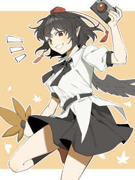 Rule 34 | 1girl, bird wings, black bow, black bowtie, black skirt, black socks, black wings, bow, bowtie, breasts, brown hair, camera, collared shirt, commentary request, grin, hat, hauchiwa, highres, holding, holding camera, kneehighs, leg up, looking at viewer, pointy ears, puffy short sleeves, puffy sleeves, red eyes, red hat, sakic43899, shameimaru aya, shirt, short sleeves, skirt, smile, socks, solo, tokin hat, touhou, white shirt, wings