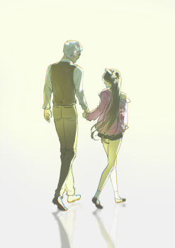 Rule 34 | 1boy, 1girl, absurdres, aged up, brown hair, commentary request, father and child, father and daughter, goddess of victory: nikke, highres, holding hands, jacket, korean commentary, laejjo, long hair, oswald (nikke), pants, parent and child, pink jacket, pretty (nikke), reflection, shirt, shorts, spoilers, walking, white background, white hair