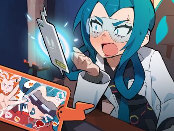 1girl black_dress blue_eyes blue_hair blush chair coat commentary_request dated_commentary desk dress eyelashes gen_4_pokemon hair_rings hand_up highres indoors lipstick long_hair long_sleeves lysandre_(pokemon) mable_(pokemon) makeup nintendo open_clothes open_coat open_mouth picklehaterx_x pokemon pokemon_legends:_z-a red_lips rotom rotom_phone sitting sweat white_coat