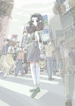 6+boys 6+girls bag black_hair blue_shoes briefcase brown_hair building cityscape crosswalk earrings hair_ornament hairclip handbag highres holding holding_briefcase hood hood_down hoodie jewelry loafers long_hair looking_at_viewer medium_hair multiple_boys multiple_girls octopus_tattoo original oshima_tomoko outdoors people pleated_skirt shoes short_hair skirt sky socks solo solo_focus standing sweater tattoo walking white_socks white_sweater