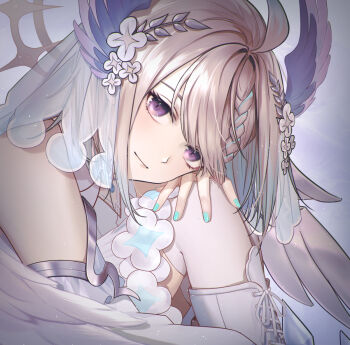 Rule 34 | 1girl, ahoge, aqua hair, aqua nails, blonde hair, enna alouette, enna alouette (anniversary dress), flower, hair flower, hair ornament, halo, head on knee, head rest, head wings, head wreath, light smile, looking at viewer, low wings, medium hair, multicolored hair, nijisanji, nijisanji en, purple eyes, solo, streaked hair, thighhighs, tsukimimooon, veil, virtual youtuber, white thighhighs, white veil, wings