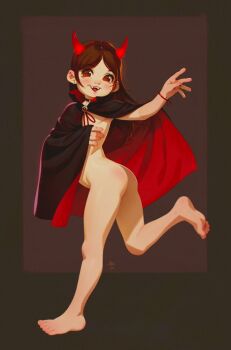 1girl 2025 20s alkemanubis ass barefoot black_background black_cape blush bracelet brown_hair cape choker demon_girl demon_horns demon_tail demon_wings earrings fake_horns fake_tail fake_wings fangs flat_chest gem halloween halloween_costume horns jewelry loli long_hair looking_at_viewer naked_cape nude open_mouth original red_eyes red_gemstone ring running smile tail teeth wings