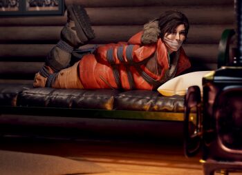 1girl 3d arms_behind_back bdsm bed bondage bound bound_ankles bound_arms bound_legs brown_eyes brown_hair cabin cloth_gag coat gag gagged highres hogtie improvised_gag lara_croft looking_at_viewer on_bed cloth_gag rope skvrwiel tomb_raider winter_clothes winter_coat