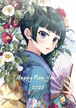 1girl 2026 blue_eyes blue_kimono blunt_bangs braid commentary_request floral_background flower folding_fan green_hair hair_over_shoulder hand_fan happy_new_year highres holding holding_fan japan japanese_clothes kimono kusuriya_no_hitorigoto light_blush maomao_(kusuriya_no_hitorigoto) new_year omichi_1219 parted_lips red_flower solo updo upper_body white_flower