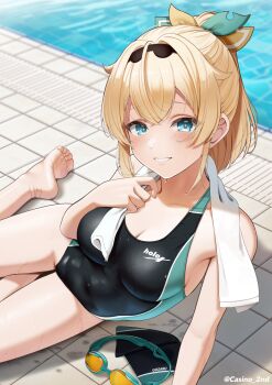1girl barefoot blonde_hair blue_eyes blush breasts casino_(casinoep) cleavage clothes_writing commentary_request competition_swimsuit covered_navel double-parted_bangs feet goggles hair_between_eyes hair_ornament hairband highres hololive kazama_iroha long_hair looking_at_viewer medium_breasts one-piece_swimsuit paid_reward_available parted_lips ponytail pool poolside sitting smile soles solo swim_goggles swimsuit thighs toes towel towel_around_neck twitter_username two-tone_one-piece_swimsuit virtual_youtuber water wet yokozuwari