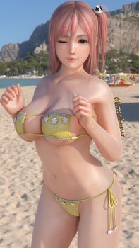1girl 3d absurdres artist_name beach bikini blue_sky blurry blurry_background breasts cleavage collarbone dead_or_alive dead_or_alive_5 dead_or_alive_5_last_round eyepatch_bikini female_focus fingernails hair_ornament highres honoka_(doa) large_breasts long_hair looking_at_viewer navel ocean one_eye_closed outdoors parted_lips photonlanccer pink_hair red_eyes sky smile solo standing stomach string_bikini swimsuit teeth thighs tree water wink yellow_bikini