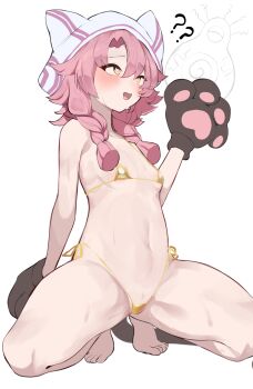 1girl ? @_@ absurdres animal_ear_headwear animal_ears animal_hands bikini braid breasts brown_tail commentary cotton_izanai's_prophecy duel_masters fake_animal_ears fake_tail gloves gold_bikini hat hetima0112 highres hypnosis kneeling long_hair low_twin_braids mind_control multicolored_hat navel open_mouth paw_gloves pink_hair pink_hat small_breasts spread_legs sweatdrop swimsuit tail twin_braids white_background white_hat yellow_eyes