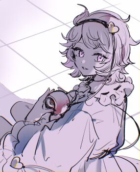 Rule 34 | 1girl, black hairband, black ribbon, blue shirt, collared shirt, commentary, eyeball, frilled shirt collar, frilled sleeves, frills, hair ornament, hairband, heart, heart hair ornament, highres, holding, holding eyeball, komeiji satori, long sleeves, looking at viewer, looking back, mozukuzu (manukedori), mute, parted lips, pink eyes, pink hair, ribbon, ribbon-trimmed collar, ribbon trim, shirt, short hair, solo, symbol-only commentary, third eye, touhou