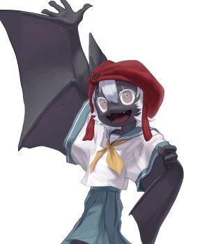 1girl animal_ears bat_ears bat_girl blue_sailor_collar blue_skirt colored_eyelashes ears_through_headwear fangs female_focus furry furry_female grey_eyes hat highres jam_(jam_uo) knit_hat open_mouth original oversized_clothes raised_arm red_hat sailor_collar school_uniform short_hair skirt solo waving white_hair winged_arms wings yellow_neckwear