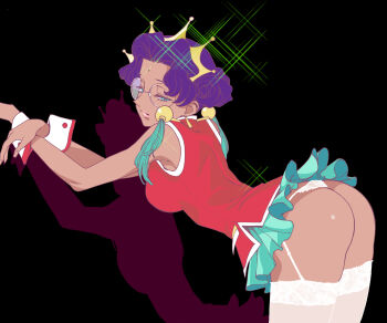 1girl aqua_skirt ass bare_shoulders bent_over bindi black_background breasts closed_mouth dark-skinned_female dark_skin earrings female_focus fingernails garter_straps glasses green_skirt highres himemiya_anthy jewelry kishi_torajirou medium_breasts micro_panties microskirt panties pleated_skirt purple_hair rimless_eyewear round_eyewear short_hair shoujo_kakumei_utena simple_background skirt sleeveless solo thighhighs tiara underwear white_garter_straps white_panties white_thighhighs wrist_cuffs