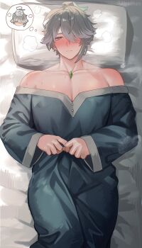 1boy alhaitham_(genshin_impact) alpaitham aqua_eyes aqua_hair bare_shoulders blush commentary genshin_impact green_shirt grey_hair highres long_sleeves lying male_focus multicolored_hair off_shoulder pillow shirt short_hair solo streaked_hair symbol-only_commentary