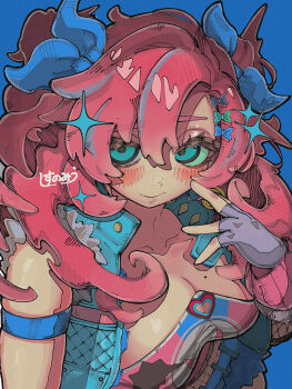 1girl blue_background blue_eyes blue_ribbon blue_skirt blush breasts cleavage denim_vest fingerless_gloves fur-trimmed_vest fur_trim gloves hair_ornament hair_ribbon hairclip highres long_hair looking_at_viewer mole mole_on_breast nicole_demara nicole_demara_(cunning_cutie) pink_arm_warmers pink_hair pink_tube_top ribbon shisunomiunko skirt smile solo sparkle strapless tube_top two_side_up vest zenless_zone_zero