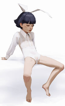 1girl animal_ears barefoot blue_eyes blue_hair cameltoe cleft_of_venus collar collared_shirt diathorn feet flat_chest from_side groin_tendon highres invisible_chair legs loli looking_down naruto_(series) no_shoes no_socks pussy rabbit_ears realistic see-through_clothes see-through_shirt shirt sitting solo thighs tiptoes toes uncensored uzumaki_himawari vagina_visible_through_clothing white_background white_shirt white_theme