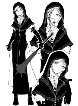 1girl absurdres black_boots black_capelet black_gloves black_hood blood blood_on_face boots capelet elbow_gloves elden_ring elden_ring_nightreign flanged_mace gloves greyscale highres holding holding_mace holding_weapon jewelry kekel looking_at_viewer looking_down mace monochrome multiple_views necklace nun standing undertaker_(elden_ring) weapon white_coif