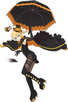 Rule 34 | 1girl, artist request, black boots, black cape, black gloves, black hat, black umbrella, blonde hair, blue eyes, boots, cape, card, edna (tales), elbow gloves, full body, game cg, gloves, hat, highres, holding, holding umbrella, looking at viewer, medium hair, monocle, normin (tales), official alternate costume, official art, solo, tales of (series), tales of asteria, tales of zestiria, third-party source, tongue, tongue out, transparent background, umbrella