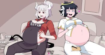 2girls angel apron azazel_(helltaker) big_belly black_apron black_hair black_legwear blue_eyes blush breasts bursting_belly couch demon_girl demon_horns demon_tail fat fat_woman halo hands_on_belly heavy helltaker highres horns lucifer_(helltaker) medium_breasts multiple_girls naughty_face noodlemage notebook open_fly pain pants pen plump red_eyes red_shirt shirt stuffing sweatdrop tail teeth tight_clothes tight_pants tight_shirt weight_gain white_hair white_legwear white_shirt