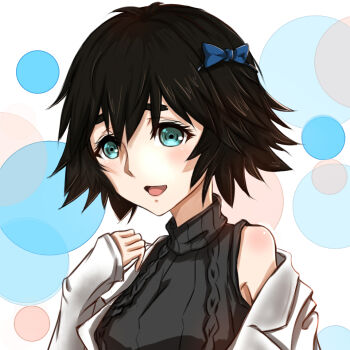 1girl :d bare_shoulders black_hair black_sweater blue_eyes blush bow commentary_request hair_bow jacket looking_at_viewer open_mouth science_adventure shiina_mayuri short_hair simple_background sleeve_pull sleeveless sleeveless_sweater sleeveless_turtleneck sleeves_past_wrists smile solo steins;gate sweater turtleneck unique_(pixiv12704744) upper_body white_jacket